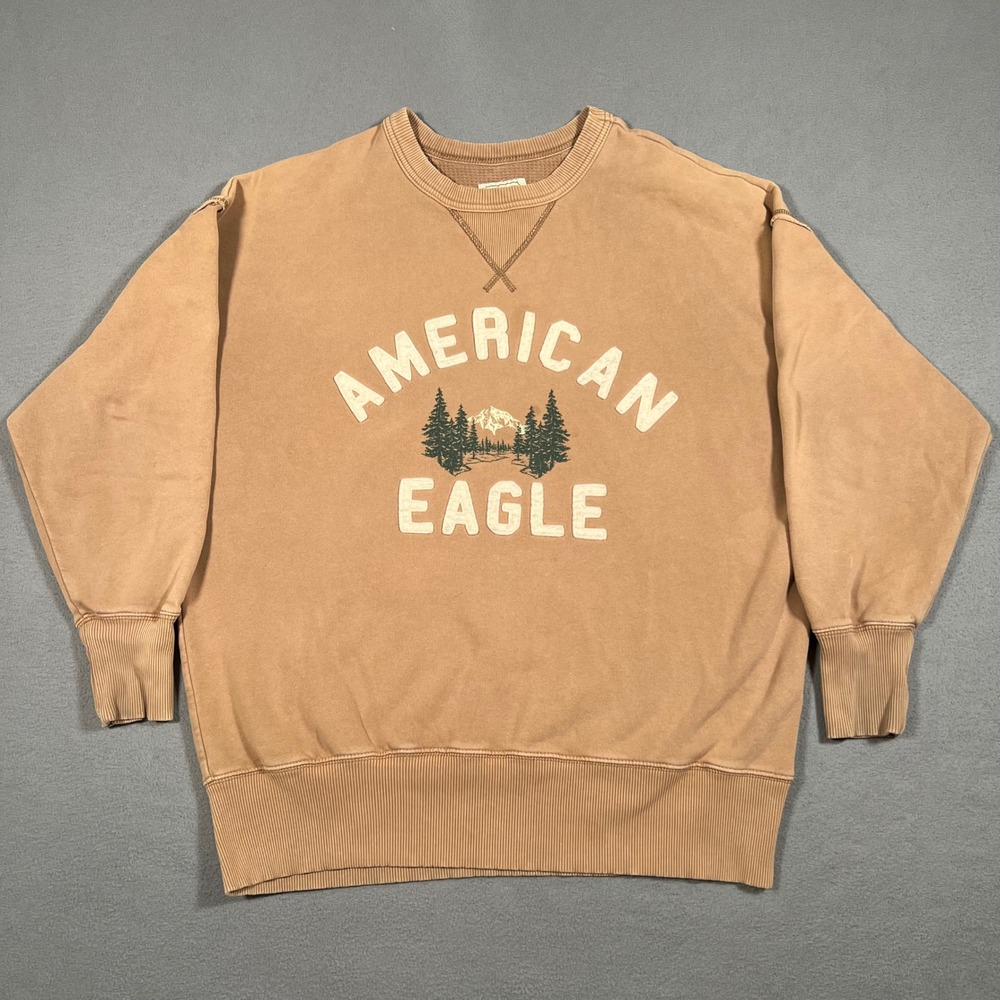 Vintage American Eagle Sweatshirt Mens Small Oversized Y2K‎ Pullover Tan Brown